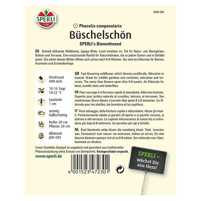 Sperli Gründüngung Büschelschön - Phacelia campanularia, Saatgut ausreichend für: 30 m² - Rückansicht