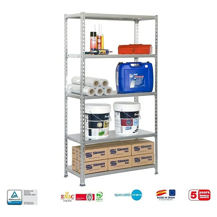 Simonrack Simonclick Estantería metálica Plus - L x An x Al: 50 x 100 x 200 cm, Capacidad de carga: 180 kg/balda, Número de baldas: 5 ud., Inserción, Galvanizado