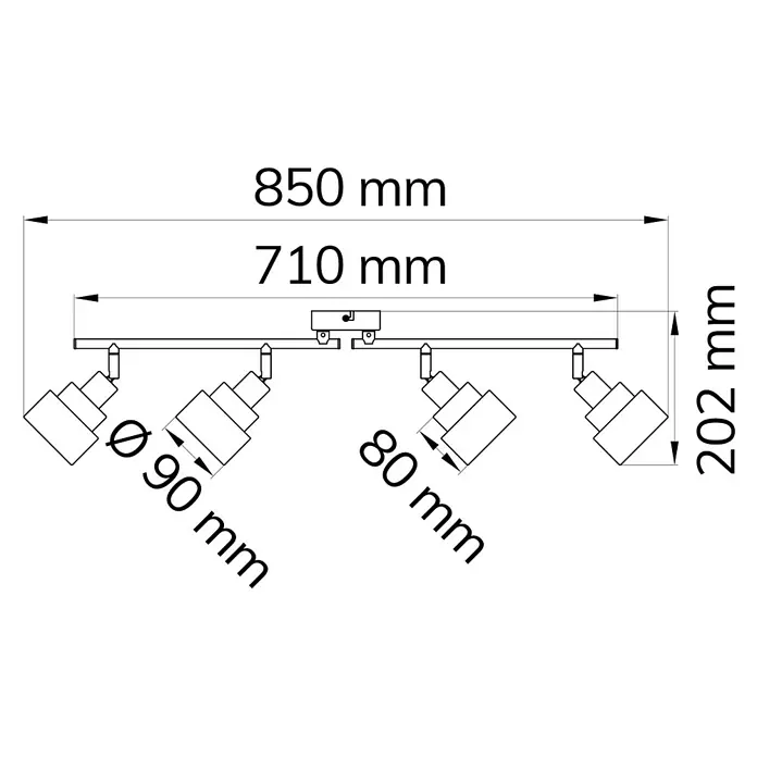 WOFI Naples Deckenstrahler - 112 W, L x B x H: 85 x 9 x 20,2 cm, Chrom, E14, 4 Stk. - Skizze