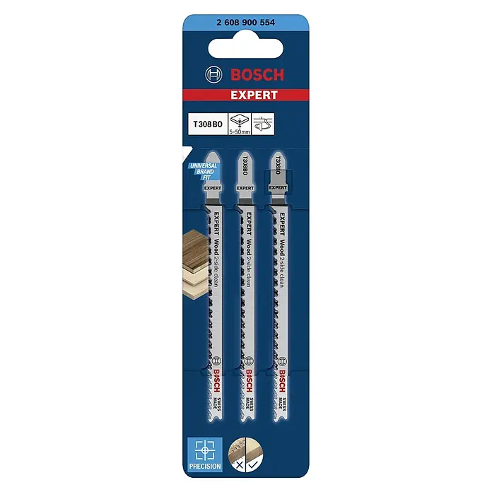 Bosch Expert Stichsägeblätter Wood 2-Side Clean T308 BO - 3 Stk., T-Schaft - Vorderansicht