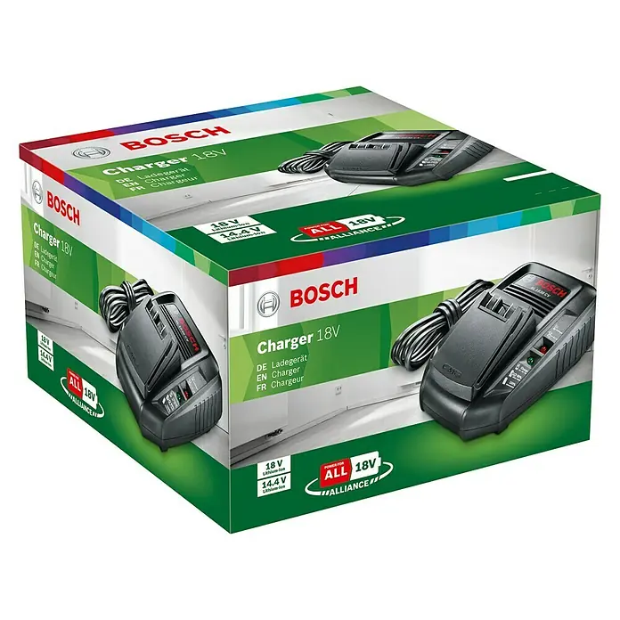 Bosch 18 V Power for All Ladegerät - Passend für: Bosch Heimwerker- & Gartengeräte-Akkus 14,4/18 V, Bosch Li-Ionen-Akkus 2,5 Ah - Diagonale Ansicht