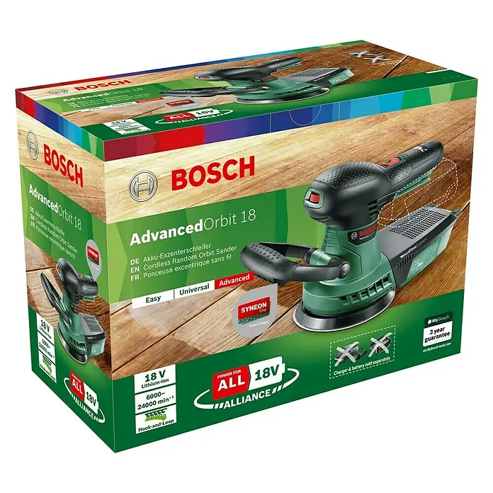 Bosch 18 V Power for All Akku-Exzenterschleifer AdvancedOrbit 18 - 18 V, Li-Ionen, Ohne Akku, Durchmesser Schleifteller: 125 mm, Leerlaufdrehzahl: 3.000 U/min - 12.000 U/min - Diagonale Ansicht