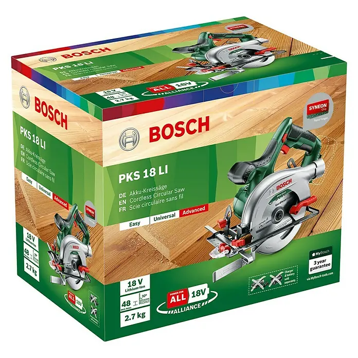 Bosch 18 V Power for All Akku-Handkreissäge PKS 18 LI - 18 V, Ohne Akku, Sägeblatt: Ø 150 mm, Leerlaufdrehzahl: 3.800 U/min - Diagonale Ansicht