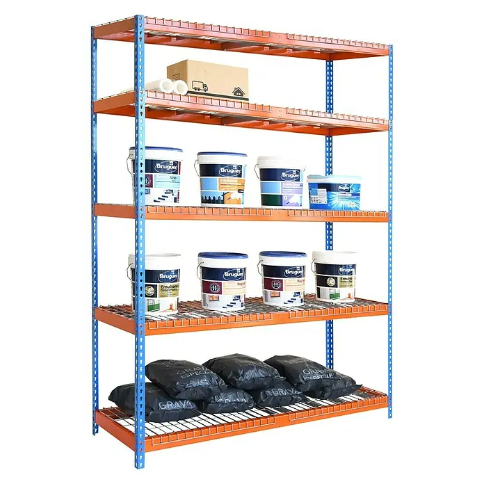 Simonrack Ecoforte Metall-Schwerlastregal Rex - L x B x H: 60 x 180 x 200 cm, Traglast: 400 kg/Boden, Anzahl Böden: 5 Stk., Stecken, Blau/Orange - Diagonale Ansicht