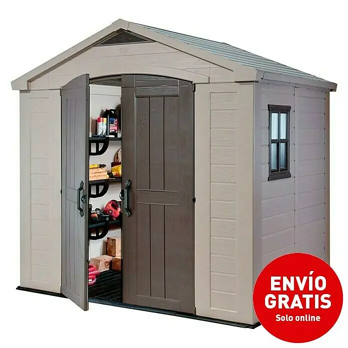 Keter Caseta para jardín Factor 8X6 - Ancho exterior incluido el voladizo del techo: 257 cm, Profundidad exterior incluido el voladizo del techo: 182 cm, Plástico, Beige/Marrón, Área: 4,5 m² - Vista angular