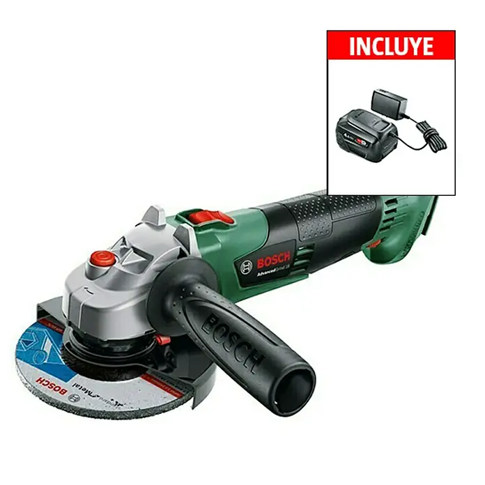 Bosch 18 V Power for All Amoladora de batería AdvancedGrind 18 - 18 V, 1 batería, 4 Ah, Diámetro disco: 125 mm - Vista angular