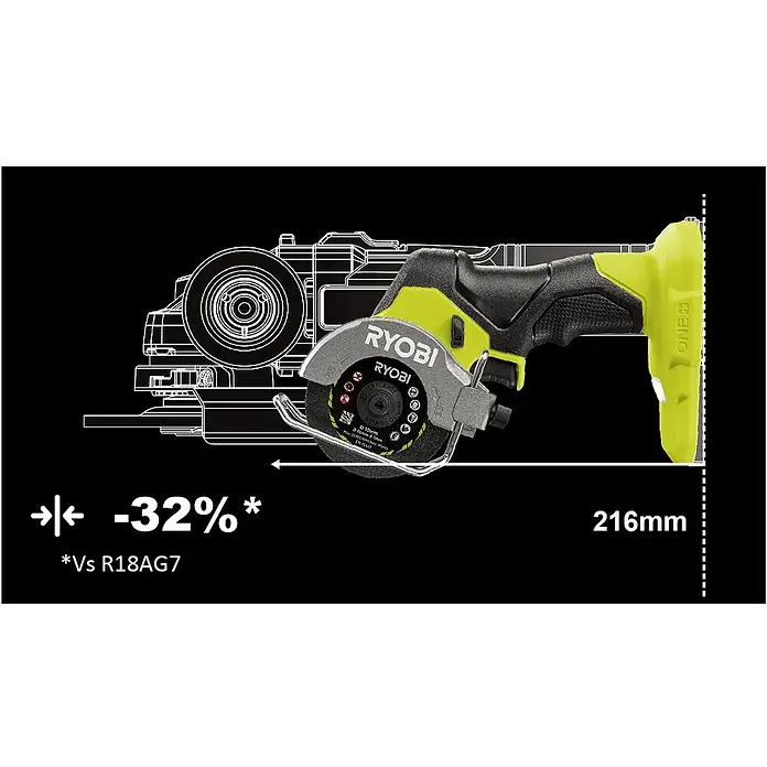 Ryobi ONE+HP Akku-Trennschleifer RCT18C-0 - 18 V, Ohne Akku, Max. Leerlaufdrehzahl: 20.000 U/min - Skizze