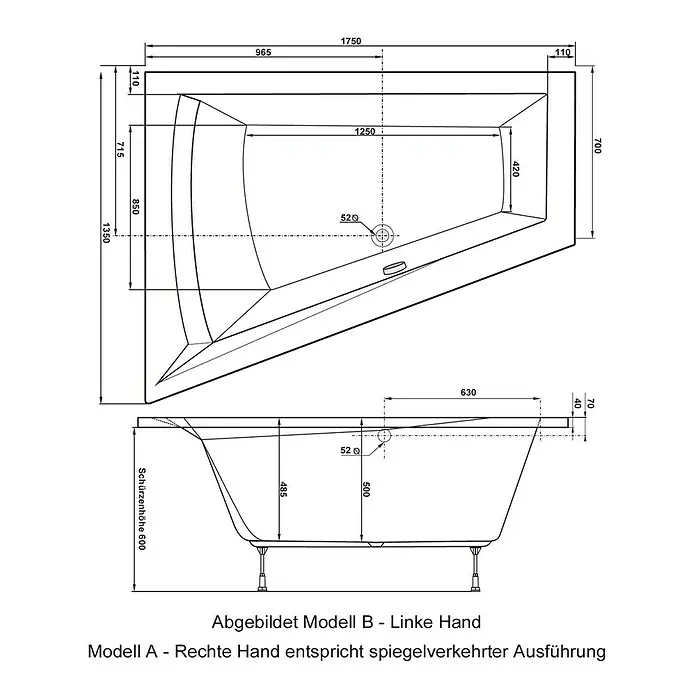 Ottofond Badewanne Cebu 2 B - Linksseitig, 175 x 135/70 x 50 cm, Sanitäracryl, Weiß - Ansicht von oben
