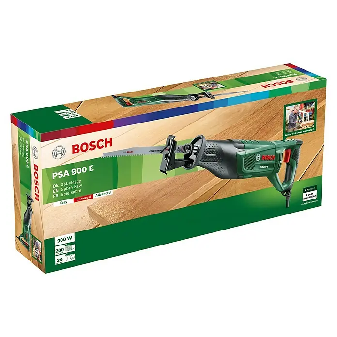 Bosch Säbelsäge PSA 900 E - 900 W, Hublänge: 28 mm, 2 Sägeblätter - Diagonale Ansicht