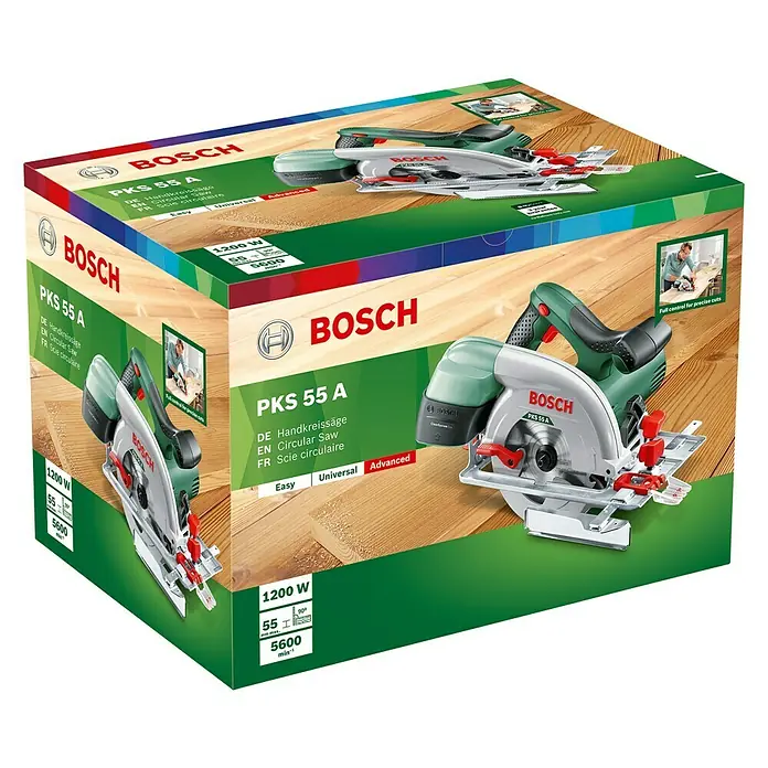 Bosch Handkreissäge PKS 55 A - 1.200 W, Ø 160 mm, 5.600 U/min - Diagonale Ansicht