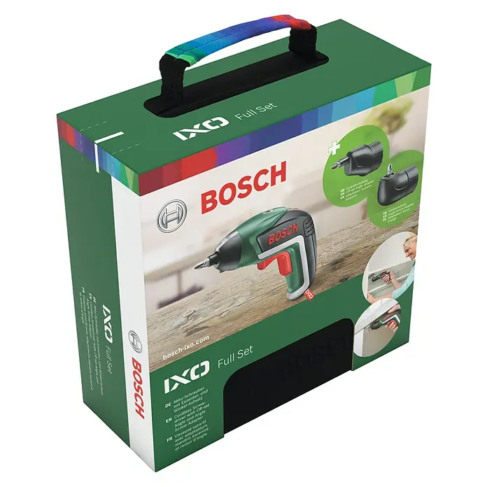 Bosch Akkuschrauber IXO V Full Set - 3,6 V, 1 Akku, 1,5 Ah, Leerlaufdrehzahl: 0 U/min - 215 U/min, 14 -tlg. - Diagonale Ansicht