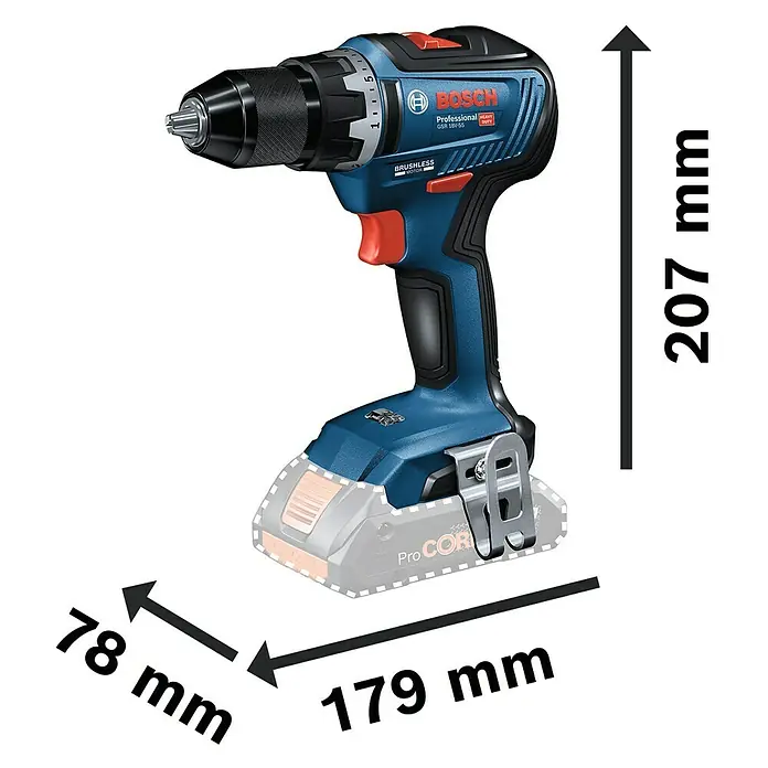 Bosch Professional Akku-Bohrschrauber GSR 18V-55 - 18 V, Ohne Akku, Leerlaufdrehzahl: 0 U/min - 1.800 U/min, Kunststoffkoffer - Skizze