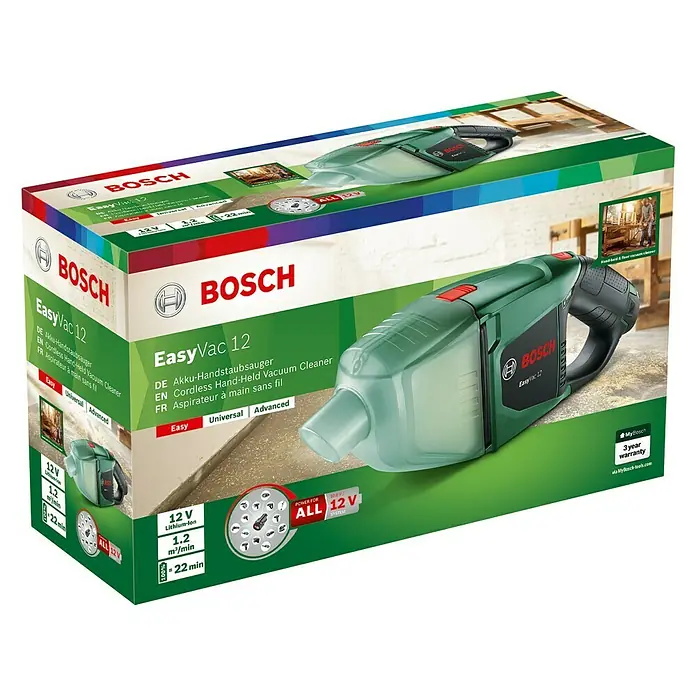 Bosch Akku-Handstaubsauger EasyVac 12 - 12 V, Li-Ionen, 2 Ah, 1 Akku, Luftmenge: 1.200 l/min - Diagonale Ansicht