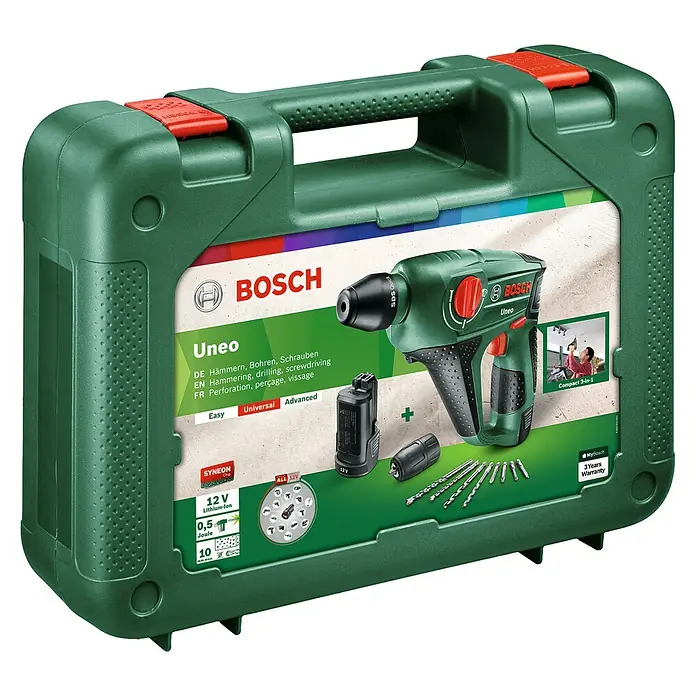 Bosch Akku-Bohrhammer Uneo - 12 V, Li-Ionen, 2 Ah, 1 Akku, Einzelschlagstärke: 0,5 J - Diagonale Ansicht