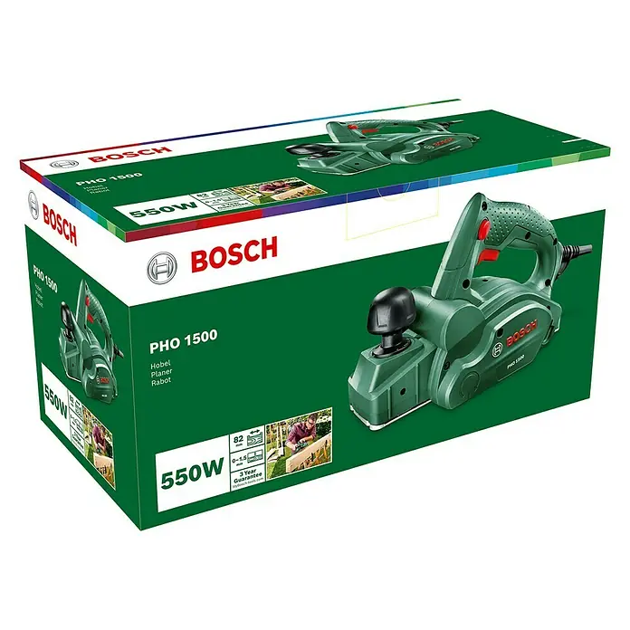 Bosch Handhobel PHO 1500 - 550 W, Hobeltiefe: 0 mm - 1,5 mm, 19.500 U/min - Diagonale Ansicht
