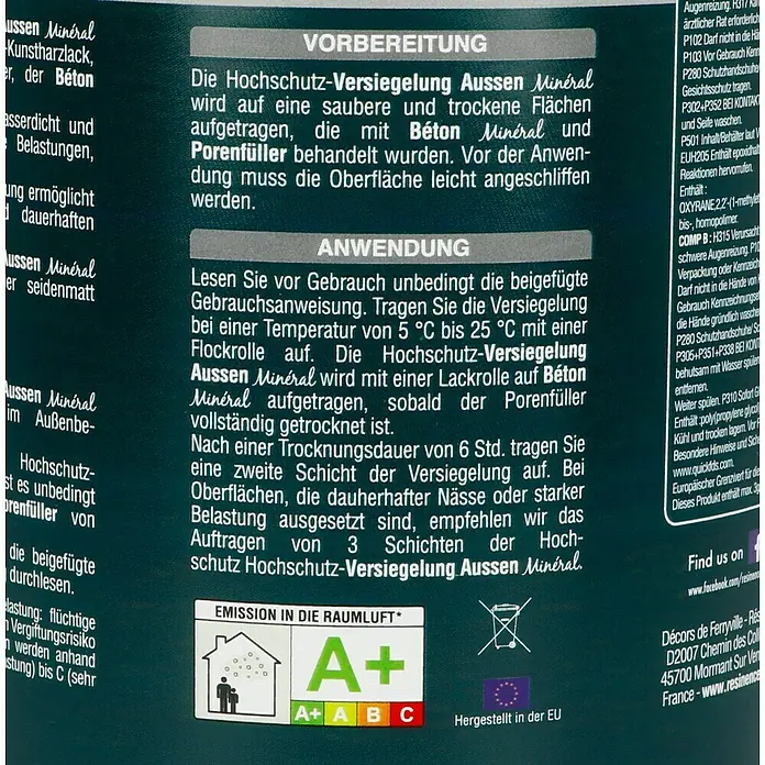 Résinence Versiegelung 3 Hochschutz-Versiegelung Außen Minéral - Transparent, Matt, 500 ml - Rückansicht