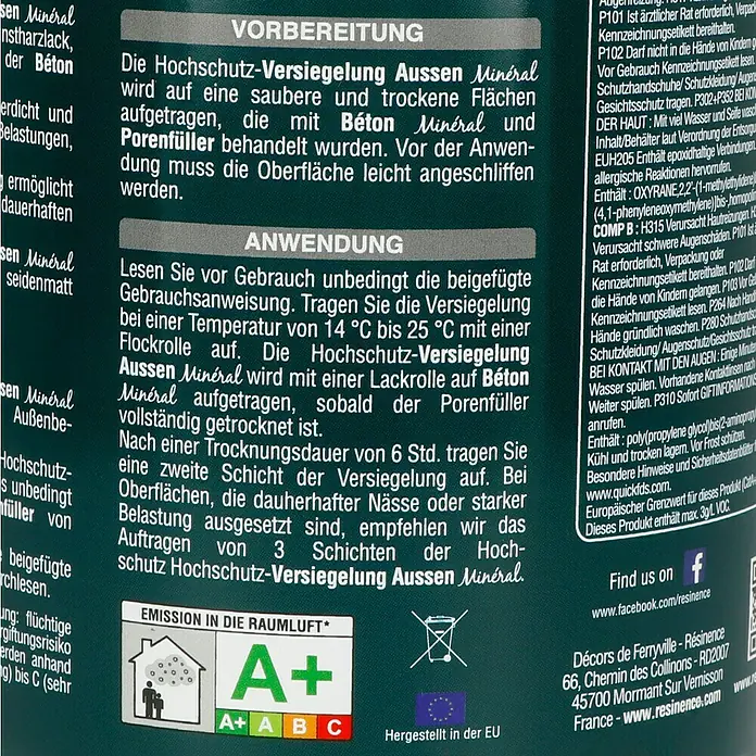 Résinence Versiegelung 3 Hochschutz-Versiegelung Außen Minéral - Transparent, Seidenmatt, 500 ml - Rückansicht