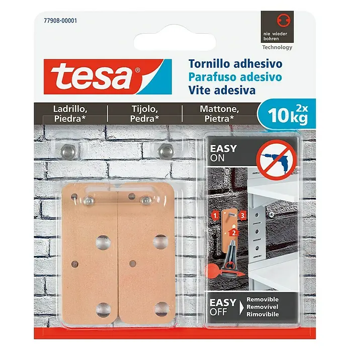 Tesa Tornillo adhesivo - Apto para: Ladrillo, Carga soportada: 10 kg, 2 uds., Rectangular
