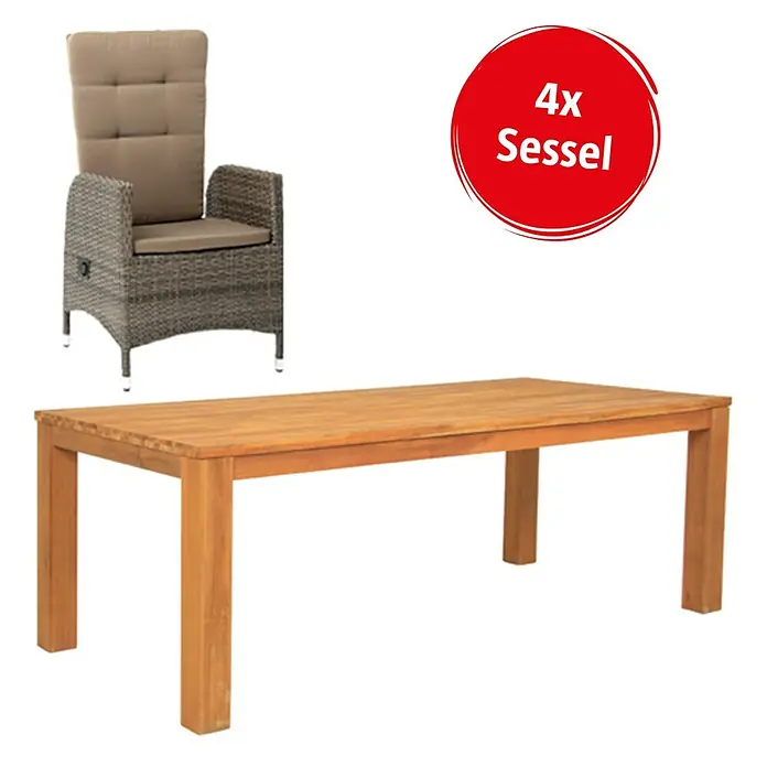 Acamp Gartenmöbel-Set Ciro - 1 x Tisch Old Java, 4 x Armsessel Ciro, Aluminium/Flex-Mesh/Akazie, Grau/Taupe/Teak-färbig - Diagonale Ansicht