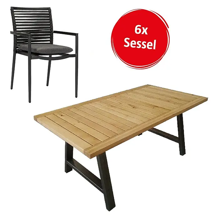 Acamp Gartenmöbel-Set New Jersey - 1 x Tisch Bergen, 6 x Stapelsessel New Jersey, Aluminium/Polyester/Stahl/Holz, Anthrazit/Dunkelgrau/Eiche - Diagonale Ansicht