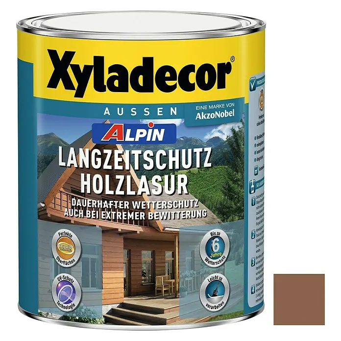 Xyladecor Langzeitschutz-Holzlasur Alpin - Kastanie, 1 l, Seidenglänzend, Lösemittelbasiert