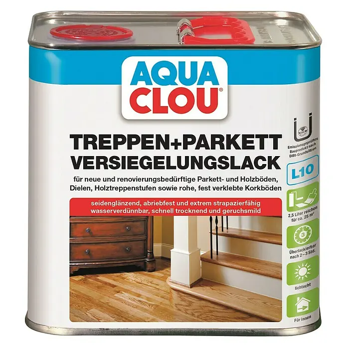 Clou Aqua Versiegelung L10 Treppen- und Parkettlack - 2,5 l, Farblos, Seidenglänzend - Vorderansicht