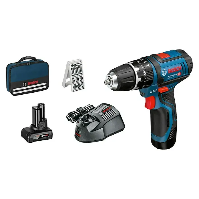 Bosch Professional Akku-Schlagbohrschrauber GSB 12V-15 - 12 V, Li-Ionen, 2 Ah - 4 Ah, 2 Akkus, Leerlaufdrehzahl: 0 U/min - 1.300 U/min - Diagonale Ansicht