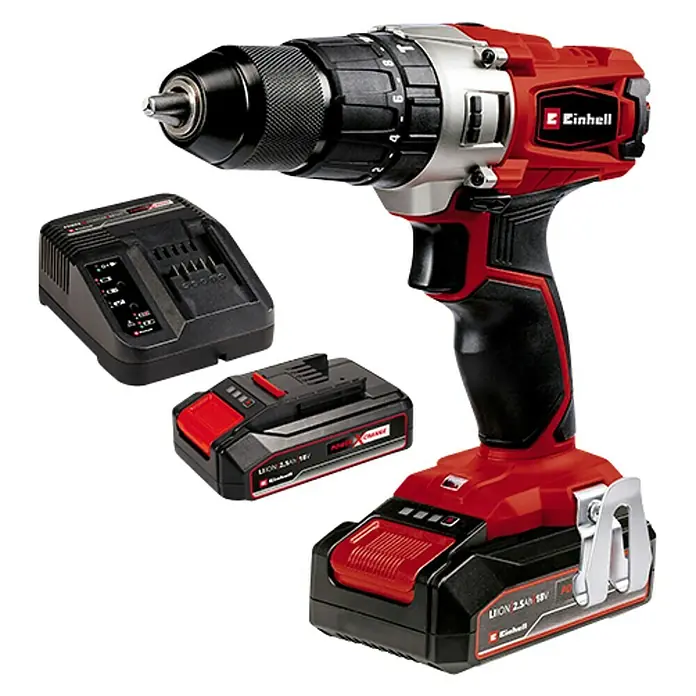 Einhell Power X-Change Set taladro atornillador percutor de batería TE-CD 18/2 - 18 V, 2,5 Ah, 2 baterías, Número de revoluciones de marcha en vacío: 0 r.p.m. - 1.250 r.p.m. - Vista angular