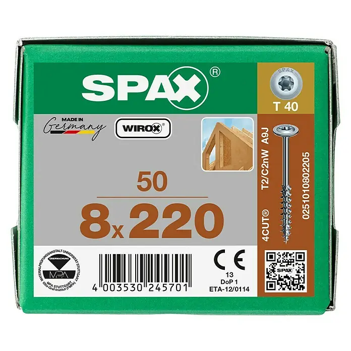 Spax Tellerkopfschraube HI.FORCE - Ø x L: 8 x 220 mm, WIROX Oberfläche, T-Star plus, 50 Stk. - Vorderansicht