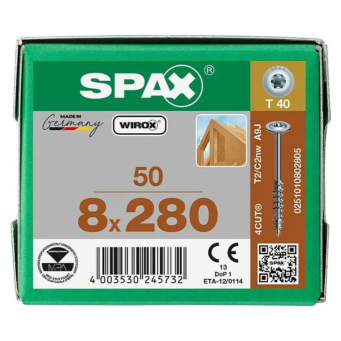 Spax Tellerkopfschraube HI.FORCE - Ø x L: 8 x 280 mm, WIROX Oberfläche, T-Star plus, 50 Stk. - Vorderansicht