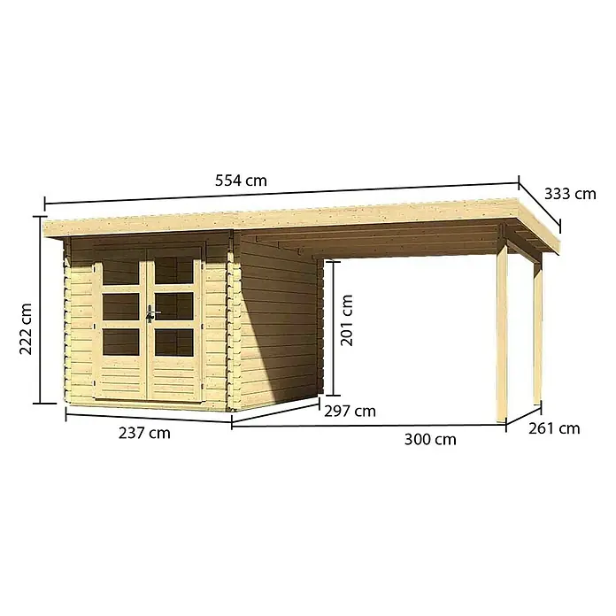 Karibu Blockbohlenhaus Bastrup 4 - 333 x 554 cm, Wandstärke: 28 mm, Pultdach, Ausführung: Mit Anbau - Vorderansicht