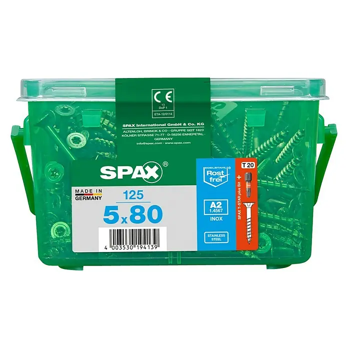 Spax Senkkopfschraube T-Star Plus - Ø x L: 5 x 80 mm, Edelstahl rostfrei A2, 125 Stk., Teilgewinde - Vorderansicht