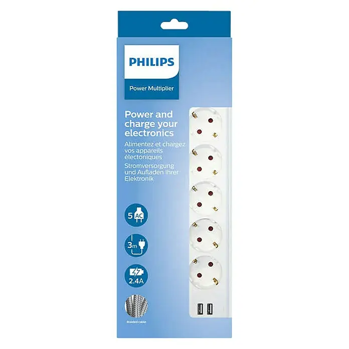 Philips Base de enchufe múltiple con puerto USB - x 5, Blanco, Longitud del cable: 1,5 m, 3.025 W - Vista frontal