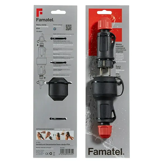 Famatel Clavija con base desmontable - Negro/Rojo, Plástico, IP54, 16 A - Vista superior
