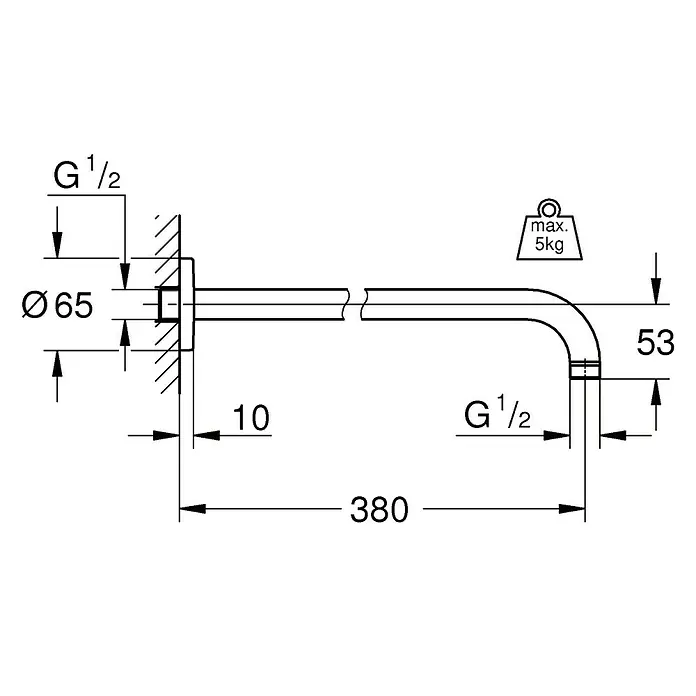 Grohe Brausearm Rainshower - Länge: 38 cm, ½″, Gebogen
