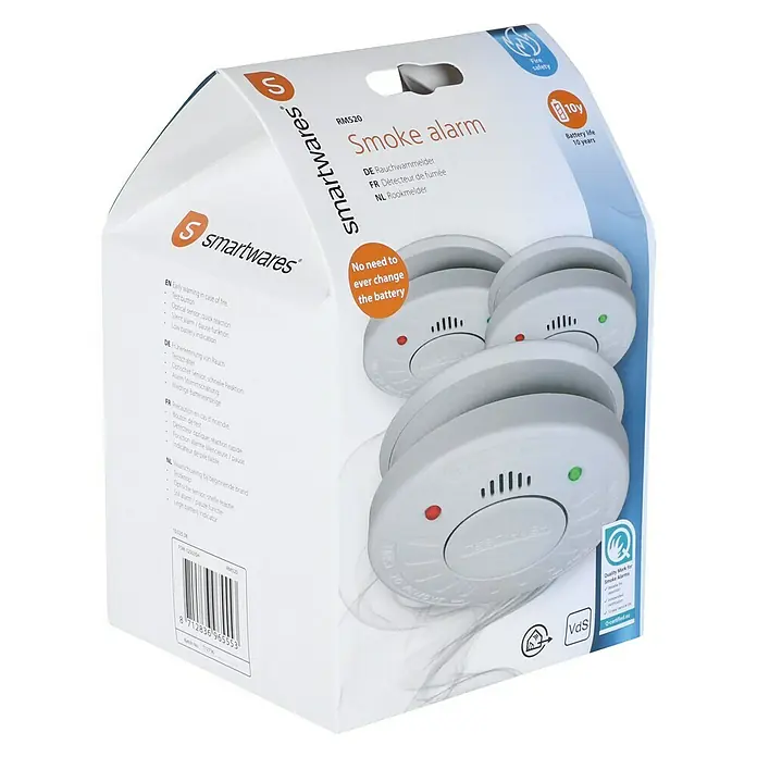 Smartwares Rookmelder RM520 - 3 stk., Levensduur batterij: Tot 10 jaar - Diagonaal zicht