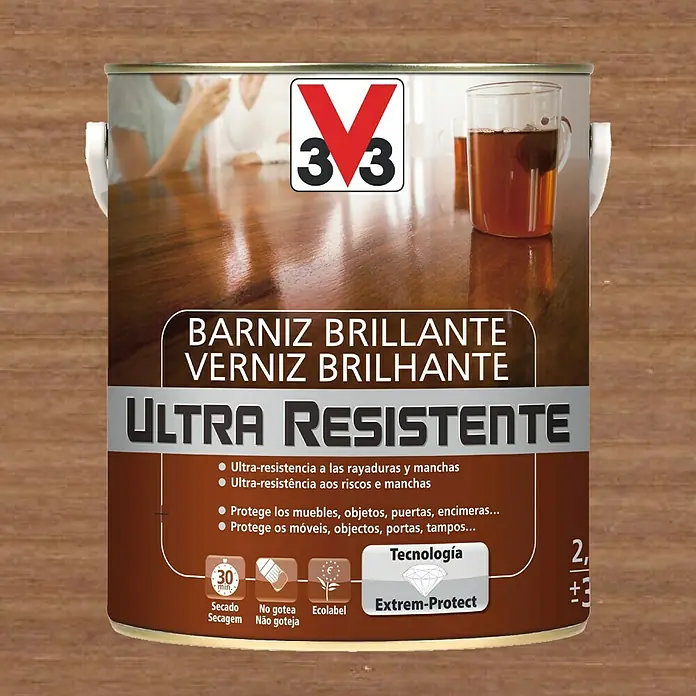 V33 Barniz para madera Brillante Ultra Resistente - Nogal, Brillante, 2,5 l