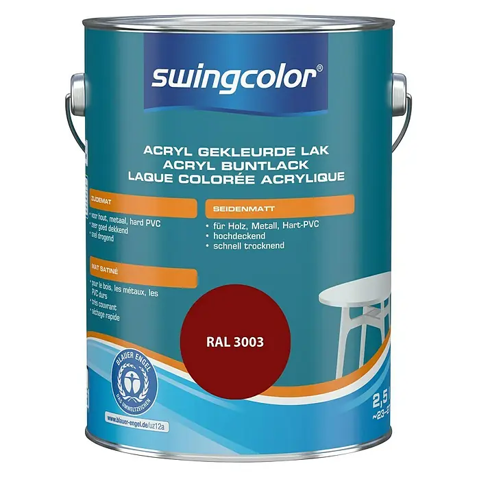 swingcolor Acryllak - Robijnrood, 2,5 l, Zijdemat - Vooraanzicht