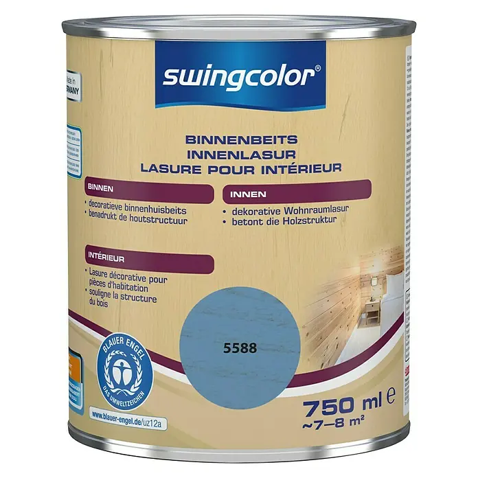swingcolor Houtbeits voor binnen - Aquablauw, 750 ml, Zijdemat - Vooraanzicht