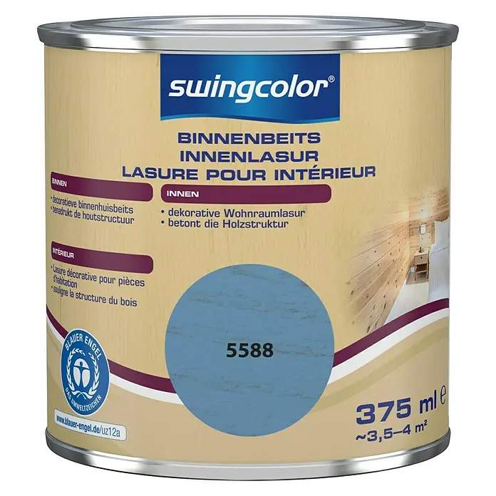 swingcolor Houtbeits voor binnen - Aquablauw, 375 ml, Zijdemat - Vooraanzicht