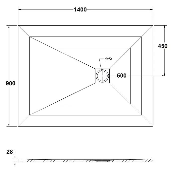 Ottofond Duschwanne Rosario - L x B: 140 x 90 cm, Verbundwerkstoff, Anthrazit - Skizze