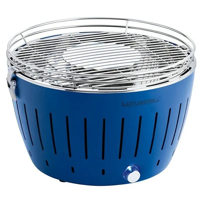 LotusGrill Raucharmer Holzkohlegrill - Tiefblau, Hauptgrillfläche: Ø 32 cm - Vorderansicht