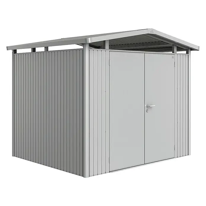Biohort Gerätehaus Panorama - Außenbreite inkl. Dachüberstand: 273 cm, Außentiefe inkl. Dachüberstand: 238 cm, Stahl, Silber Metallic, Doppeltür - Vorderansicht