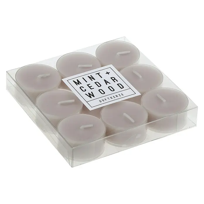 Teelichter Duft - 9 Stk., Creme, Mint und Cedarwood - Diagonale Ansicht