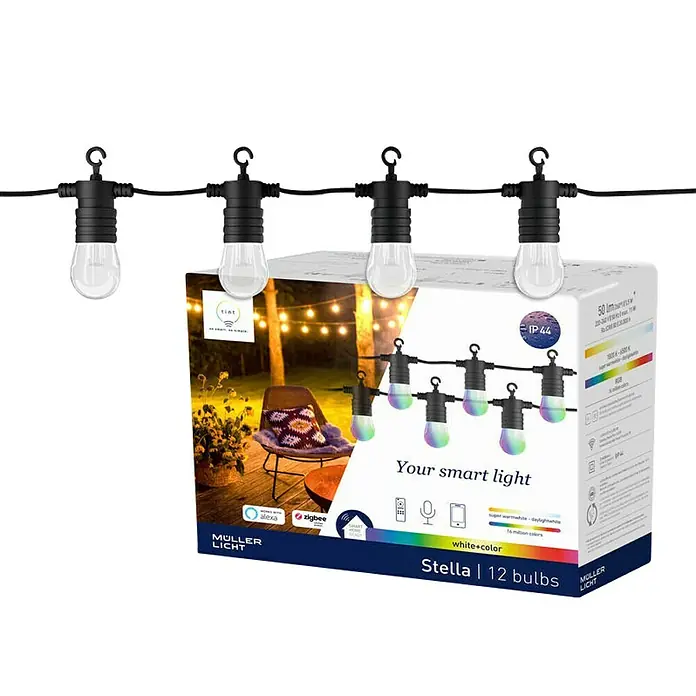 Müller-Licht Tint LED-Lichterkette Stella White+Color 12 Bulbs - 12,4 m, 5,5 W, Lichtfarbe: RGBW - Diagonale Ansicht