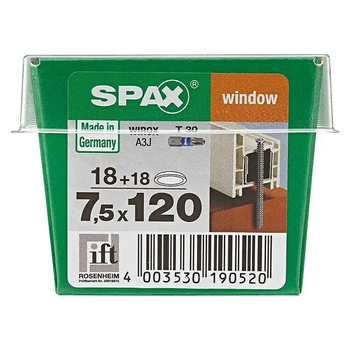 Spax Rahmenanker T-STAR plus - Ø x L: 7,5 x 120 mm, WIROX Oberfläche, 18 Stk., Vollgewinde - Vorderansicht