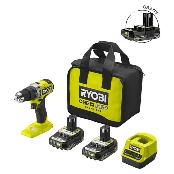 Ryobi ONE+ Akku-Schlagbohrschrauber-Set RPD18C-320S - 18 V, 2 Ah, 2 Akkus, Leerlaufdrehzahl: 0 U/min - 1.700 U/min - Diagonale Ansicht