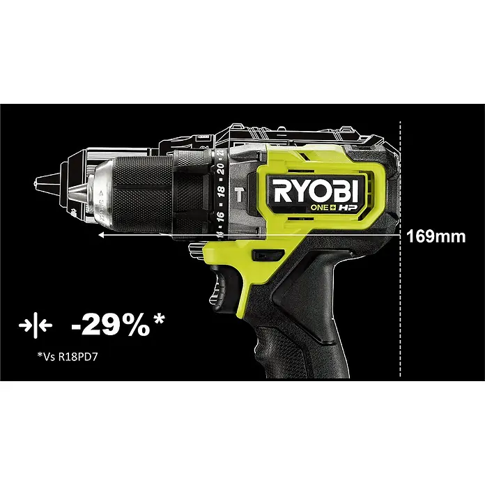 Ryobi ONE+ Akku-Schlagbohrschrauber-Set RPD18C-320S - 18 V, 2 Ah, 2 Akkus, Leerlaufdrehzahl: 0 U/min - 1.700 U/min - Skizze