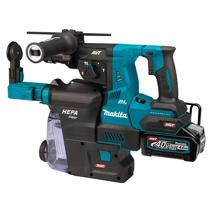 Makita Combihamer HR004GM202 - Onbelast toerental: 0 tpm - 980 tpm, Slagkracht enkele slag: 2,8 J, 2 accu's - Diagonaal zicht
