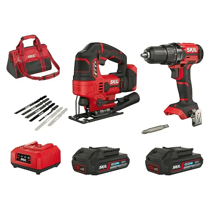 Skil Machineset Boormachine 3008 + Decoupeerzaag 3420 - 20 V, 2 accu's, 2 Ah - 4 Ah - Diagonaal zicht